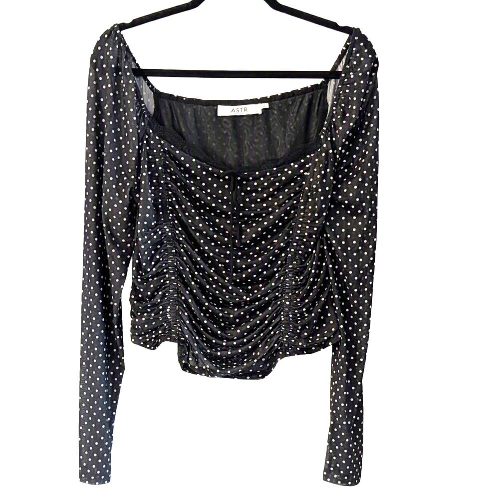 ASTR The Label Polka Dot Ruched Mesh Top XL Black Sheer Romantic NWOT Parisian